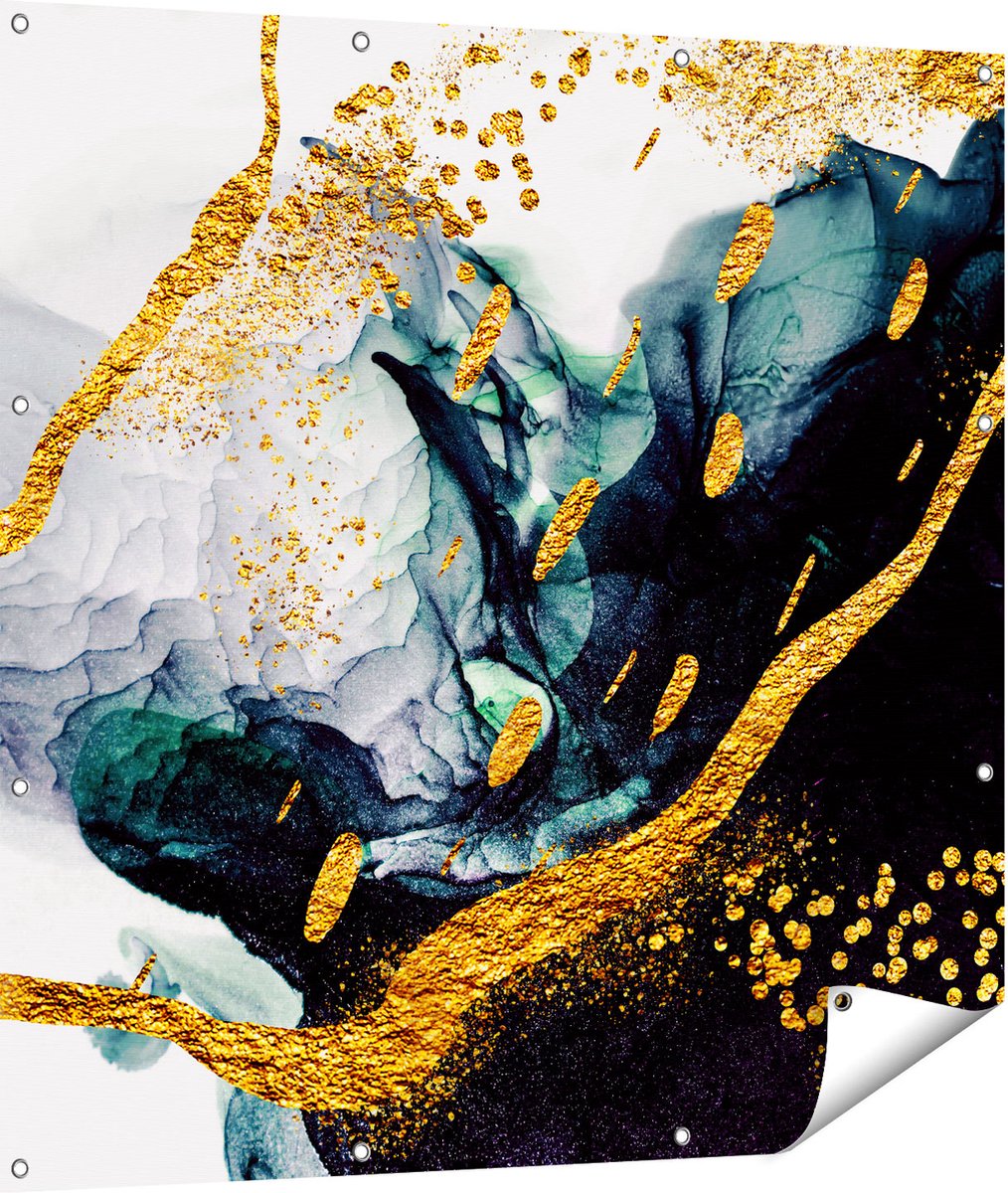 Gards Tuinposter Abstracte Kunst - Zwart Wit met Gouden Strepen - 110x110 cm - Tuindoek - Tuindecoratie - Wanddecoratie buiten - Tuinschilderij Multikleur