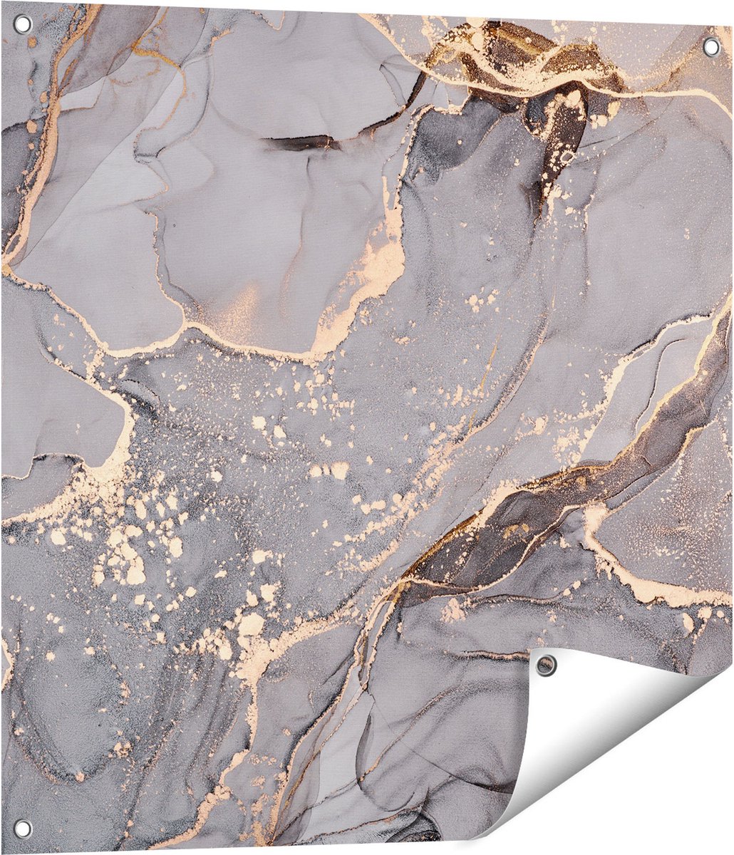 Gards Tuinposter Abstracte Luxe Kunst van Marmer met Goud - 70x70 cm - Tuindoek - Tuindecoratie - Wanddecoratie buiten - Tuinschilderij Multikleur