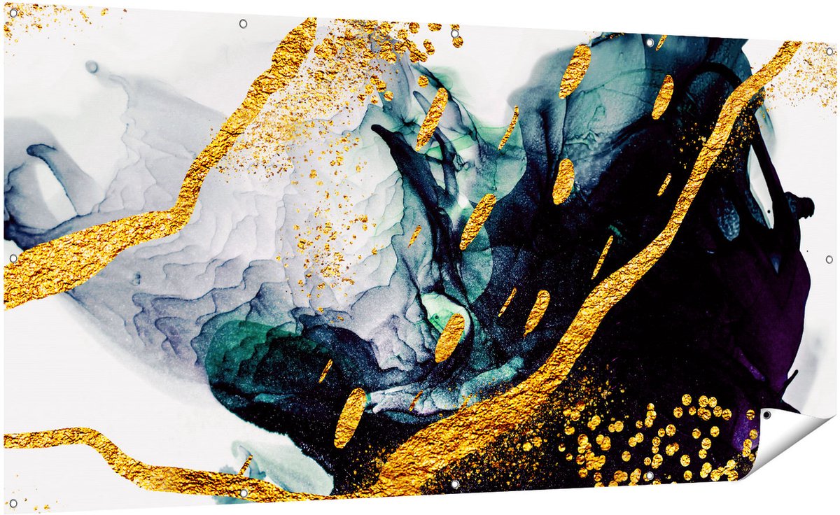 Gards Tuinposter Abstracte Kunst - Zwart Wit met Gouden Strepen - 200x100 cm - Tuindoek - Tuindecoratie - Wanddecoratie buiten - Tuinschilderij Multikleur
