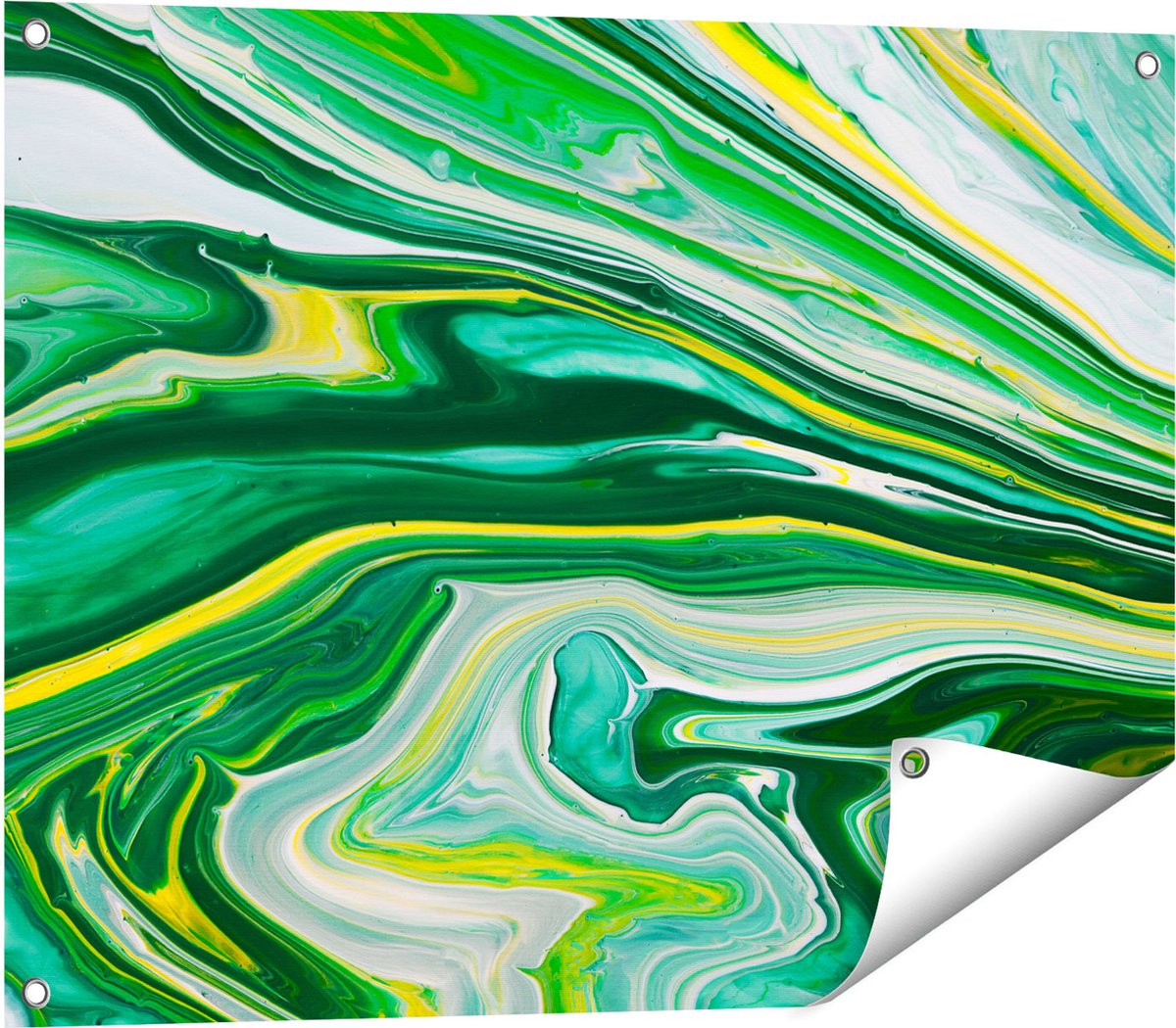 Gards Tuinposter Abstracte Kunst - Groen met Gele Verf - 80x60 cm - Tuindoek - Tuindecoratie - Wanddecoratie buiten - Tuinschilderij Multikleur