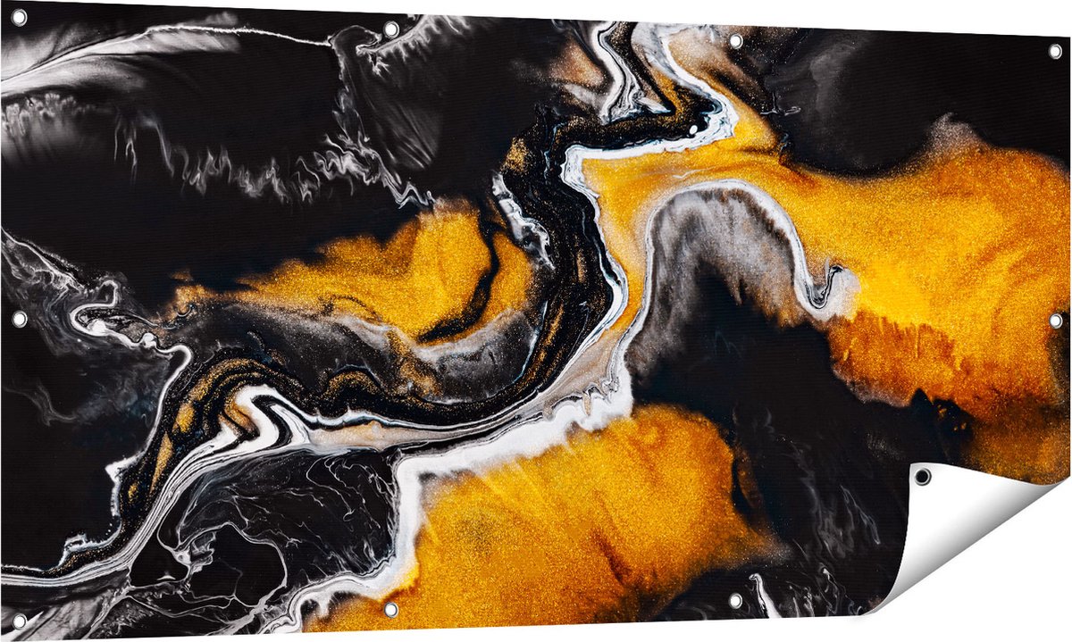 Gards Tuinposter Abstracte Kunst van Zwarte Gouden Verf - 140x70 cm - Tuindoek - Tuindecoratie - Wanddecoratie buiten - Tuinschilderij Multikleur