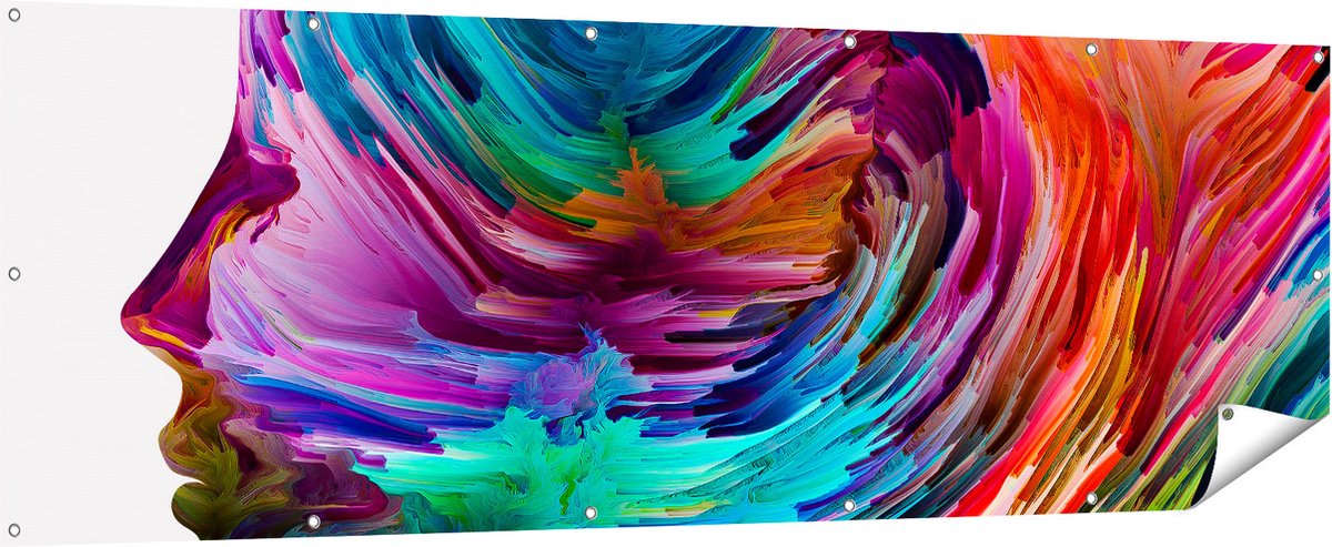 Gards Tuinposter Abstracte Kunst van een Gezicht - Hoofd - 210x70 cm - Tuindoek - Tuindecoratie - Wanddecoratie buiten - Tuinschilderij Multikleur