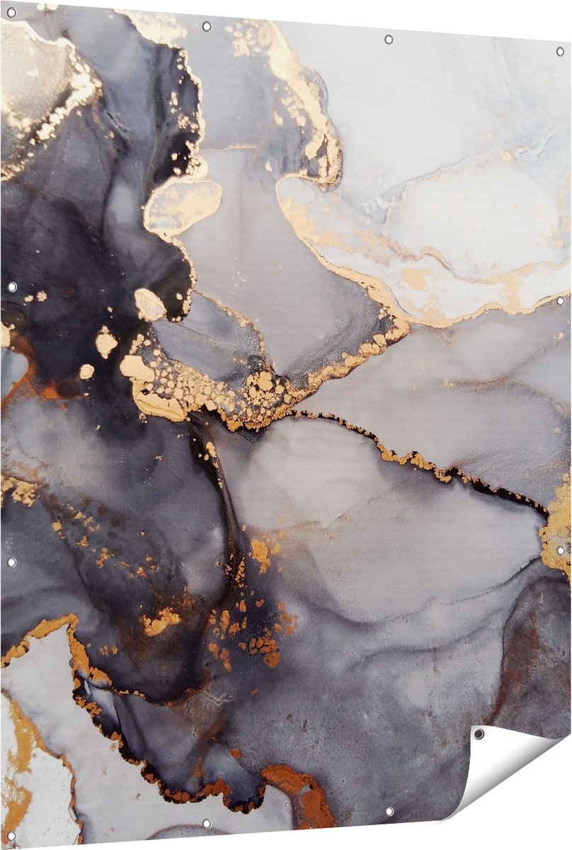 Gards Tuinposter Abstracte Kunst - Grijze Marmer met Goud - 120x150 cm - Tuindoek - Tuindecoratie - Wanddecoratie buiten - Tuinschilderij Multikleur