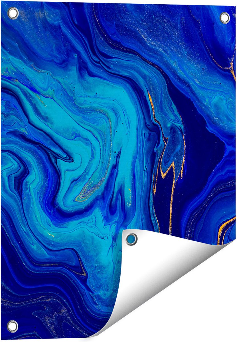 Gards Tuinposter Abstracte Kunst - Blauw met Gouden Verf - 40x50 cm - Tuindoek - Tuindecoratie - Wanddecoratie buiten - Tuinschilderij Multikleur