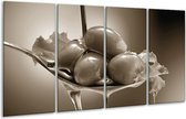 GroepArt - Glasschilderij - Olijven, Keuken - Sepia - 160x80cm 4Luik - Foto Op Glas - Geen Acrylglas Schilderij - 6000+ Glasschilderijen Collectie - Wanddecoratie