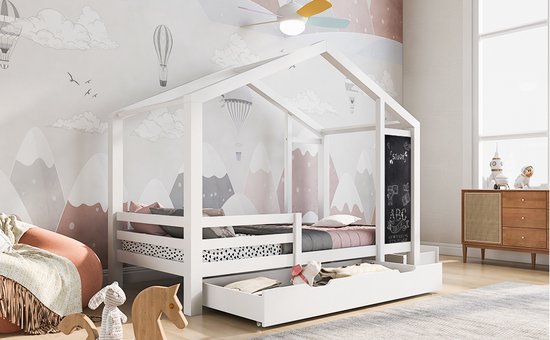 Kinder huisbed 140x190 cm - Met hekjes - Lattenbodem - grijs (zonder Kinder huisbed 140x190 cm - Met hekjes - Lattenbodem - grijs (zonder