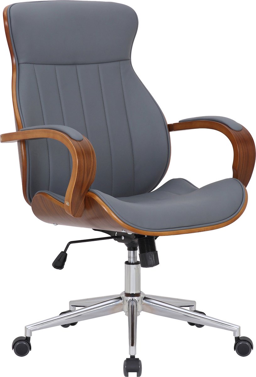 Bureaustoel Flavia - grijs - bruin hout - ergonomisch - kunstleer - in hoogte verstelbaar - designer - 50x47x108cm