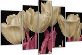 Glasschilderij Tulpen - Wit, Zwart, Roze - 170x100cm 5Luik - Foto Op Glas - Geen Acrylglas Schilderij - 6000+ Glasschilderijen Collectie - Wanddecoratie