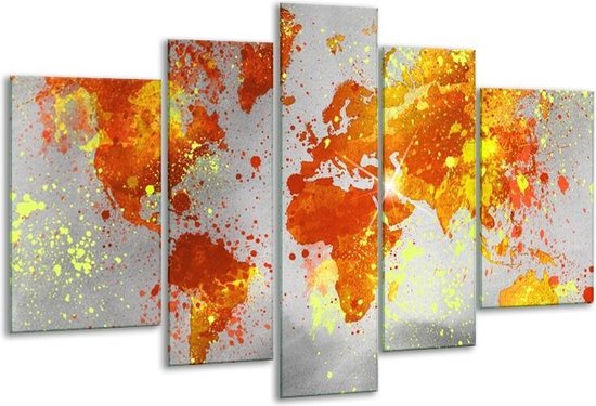 Glasschilderij Wereld - Grijs, Oranje, Geel - 170x100cm 5Luik - Foto Op Glas - Geen Acrylglas Schilderij - 6000+ Glasschilderijen Collectie - Wanddecoratie