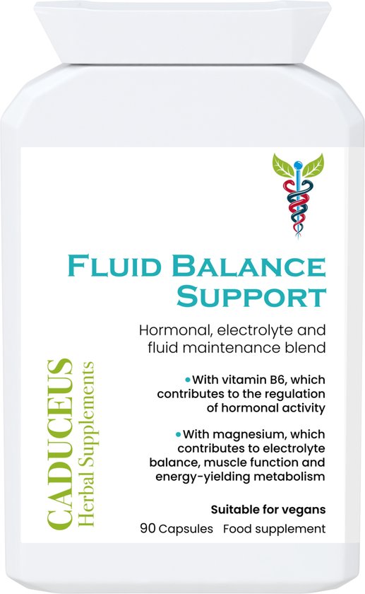 Witte fles met label 'CADUCEUS Herbal Supplements', 'Fluid Balance Support', '90 Capsules' en voordelen.