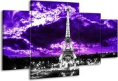 GroepArt - Schilderij -  Eiffeltoren - Grijs, Paars, Zwart - 160x90cm 4Luik - Schilderij Op Canvas - Foto Op Canvas