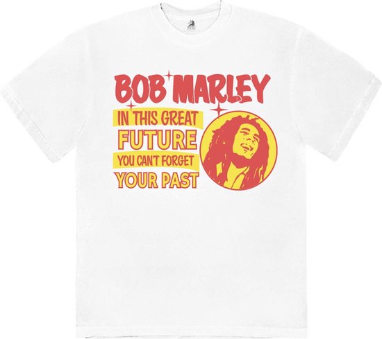 Witte T-shirt met Bob Marley's portret en de tekst 'BOB MARLEY IN THIS GREAT FUTURE YOU CAN'T FORGET YOUR PAST'.