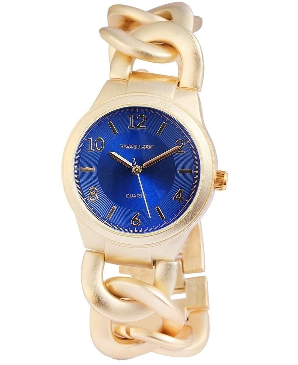 Excellanc dameshorloge met metalen schakelarmband - Goudkleurig - Blauw