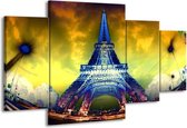 GroepArt - Schilderij -  Eiffeltoren - Blauw, Geel, Grijs - 160x90cm 4Luik - Schilderij Op Canvas - Foto Op Canvas