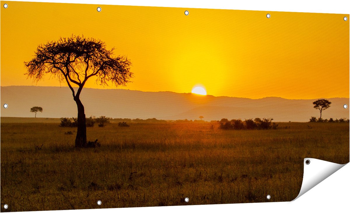 Gards Tuinposter Zonsopgang in de Savanne met een Boom - 160x80 cm - Tuindoek - Tuindecoratie - Wanddecoratie buiten - Tuinschilderij Multikleur