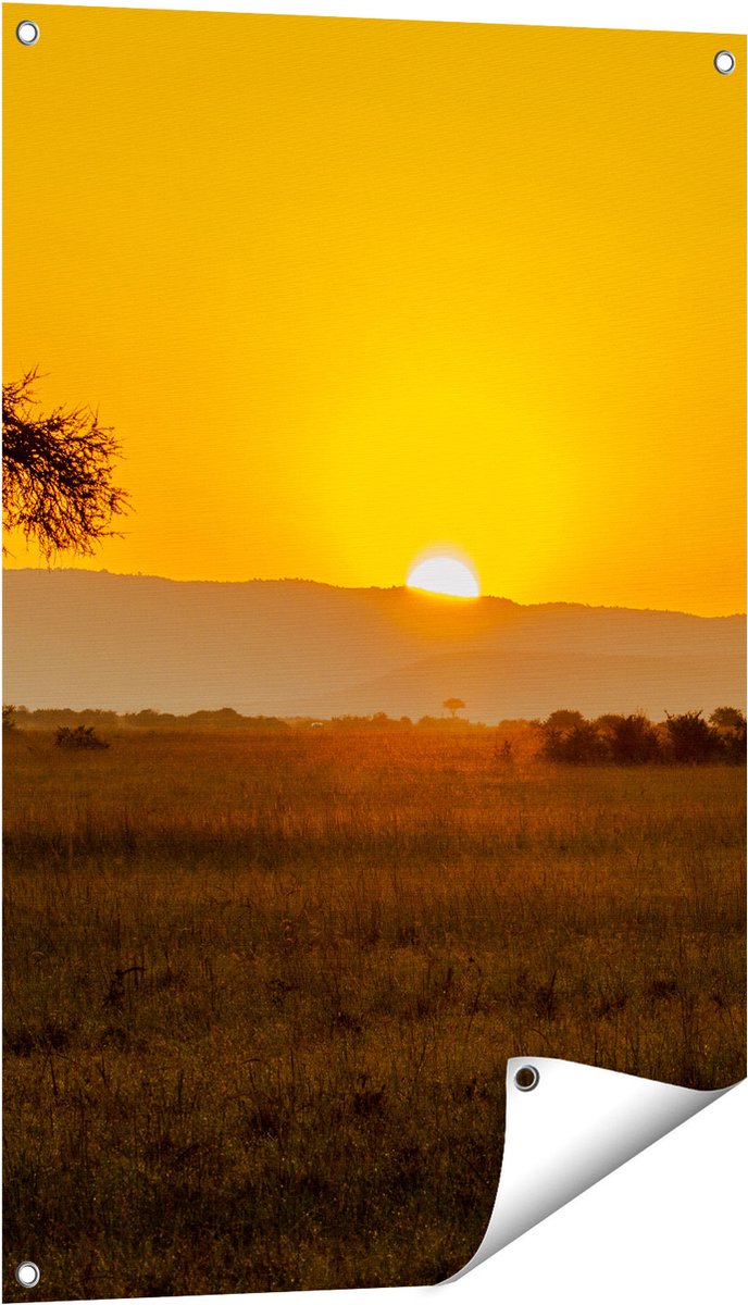 Gards Tuinposter Zonsopgang in de Savanne met een Boom - 60x90 cm - Tuindoek - Tuindecoratie - Wanddecoratie buiten - Tuinschilderij Multikleur