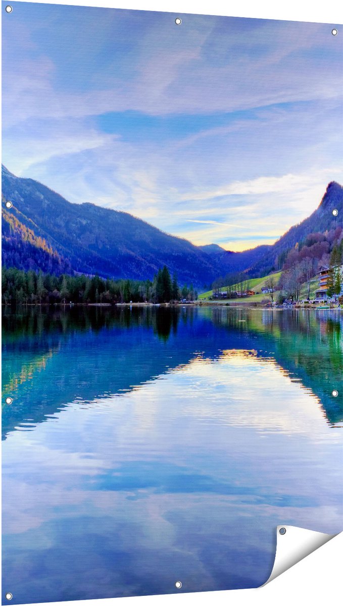 Gards Tuinposter Meer met Weerkaatsing in de Bergen - 100x150 cm - Tuindoek - Tuindecoratie - Wanddecoratie buiten - Tuinschilderij Multikleur