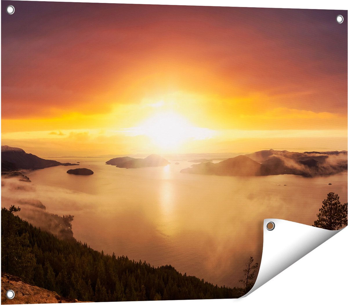 Gards Tuinposter Zonsondergang in de Bergen met Wolken - 80x60 cm - Tuindoek - Tuindecoratie - Wanddecoratie buiten - Tuinschilderij Multikleur