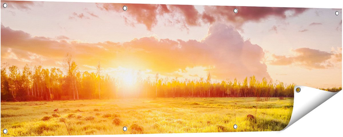 Gards Tuinposter Zonsopkomst in het Veld - 150x50 cm - Tuindoek - Tuindecoratie - Wanddecoratie buiten - Tuinschilderij Multikleur