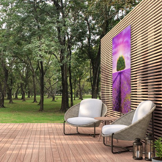 Gards Affiche de jardin Arbre Vert dans les Fleurs de Lavande - 100x150 cm - Toile jardin - Décoration de jardin - Décoration murale extérieur - Tableau jardin