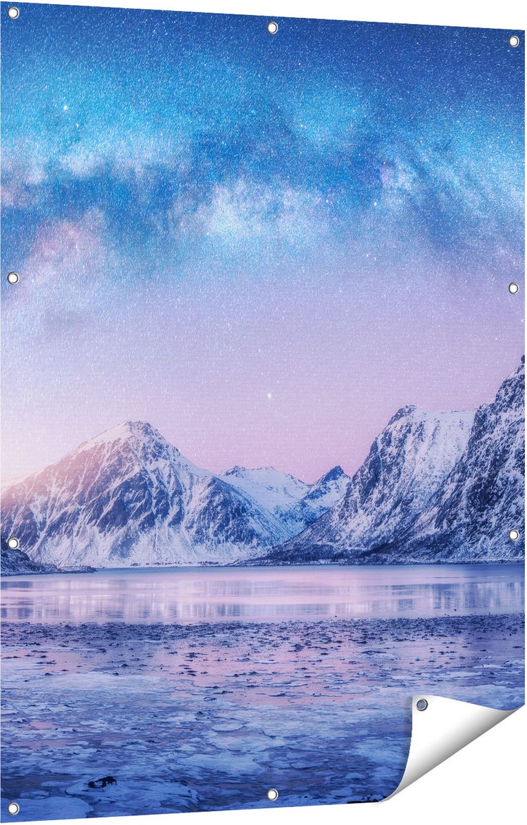 Gards Tuinposter Melkweg bij de Besneeuwde bergen - 90x120 cm - Tuindoek - Tuindecoratie - Wanddecoratie buiten - Tuinschilderij Multikleur