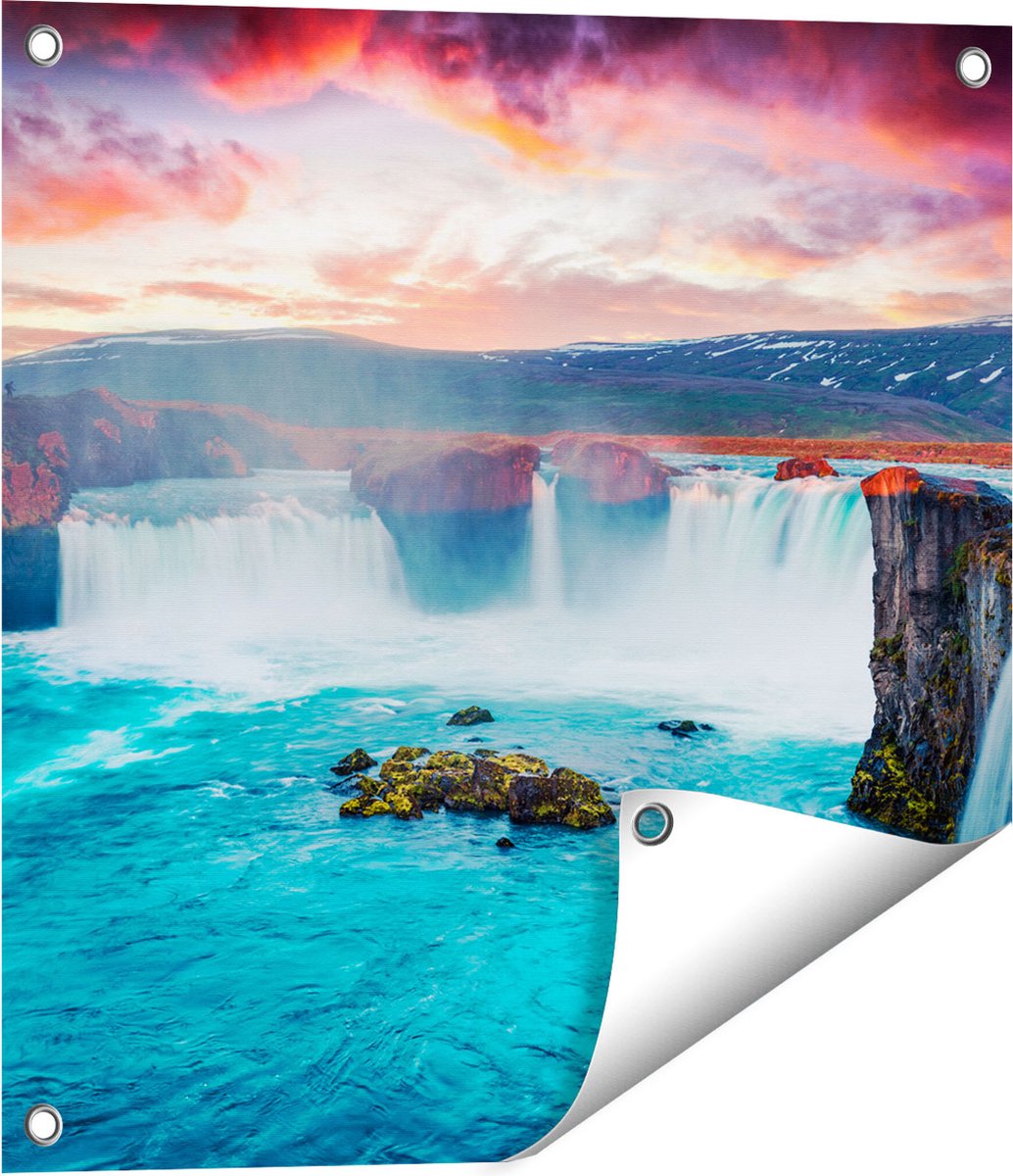 Gards Tuinposter Watervallen op het Blauwe Water in IJsland - 50x50 cm - Tuindoek - Tuindecoratie - Wanddecoratie buiten - Tuinschilderij Multikleur