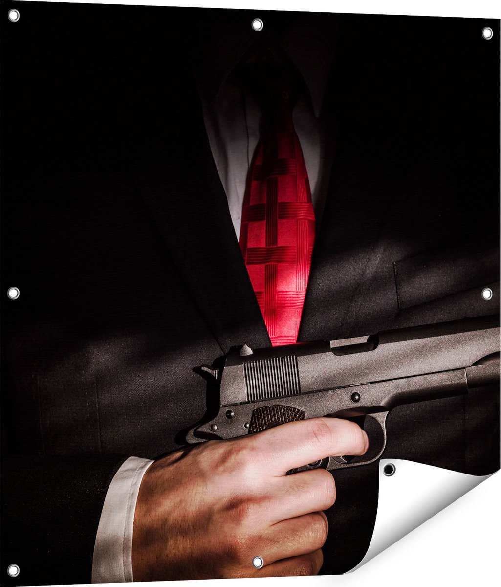 Gards Tuinposter Man van de Maffia met een Pistool Vast - 80x80 cm - Tuindoek - Tuindecoratie - Wanddecoratie buiten - Tuinschilderij Multikleur