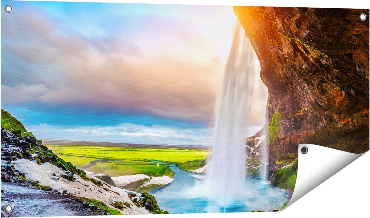 Gards Tuinposter Waterval van een Klif bij Zonsondergang - 100x50 cm - Tuindoek - Tuindecoratie - Wanddecoratie buiten - Tuinschilderij Multikleur