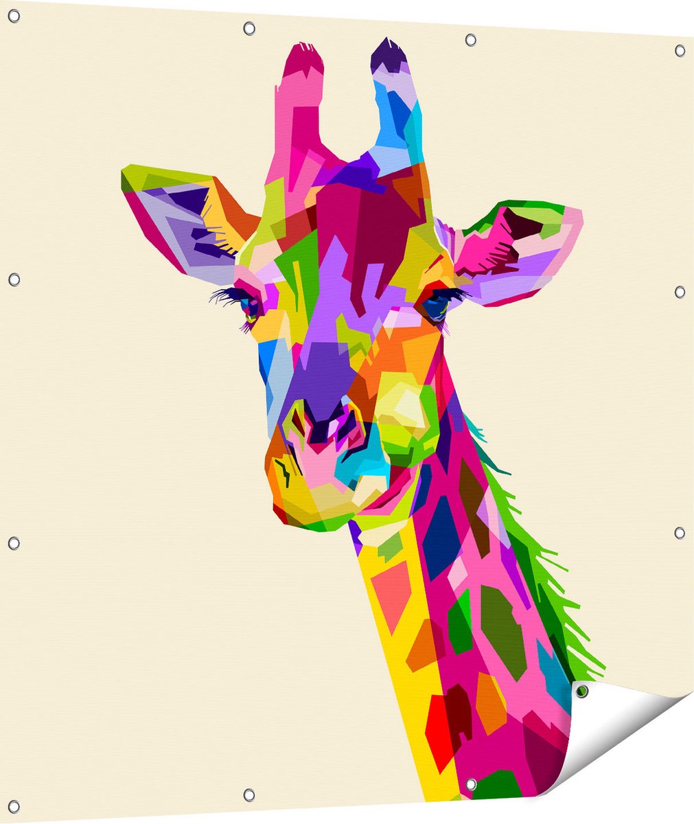 Gards Tuinposter Kleurrijke Giraffe - Abstract - 110x110 cm - Tuindoek - Tuindecoratie - Wanddecoratie buiten - Tuinschilderij Multikleur