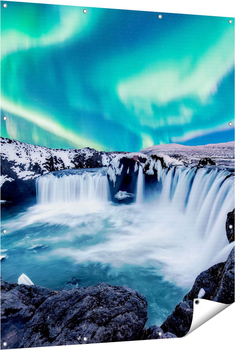 Gards Tuinposter Watervallen met het Groene Noorderlicht - 120x150 cm - Tuindoek - Tuindecoratie - Wanddecoratie buiten - Tuinschilderij Multikleur