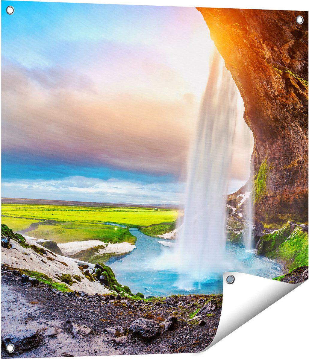 Gards Tuinposter Waterval van een Klif bij Zonsondergang - 70x70 cm - Tuindoek - Tuindecoratie - Wanddecoratie buiten - Tuinschilderij Multikleur