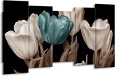 GroepArt - Canvas Schilderij - Tulpen - Blauw, Wit, Zwart - 150x80cm 5Luik- Groot Collectie Schilderijen Op Canvas En Wanddecoraties