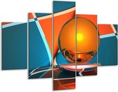 Glasschilderij -  Abstract - Oranje, Blauw, Grijs - 100x70cm 5Luik - Geen Acrylglas Schilderij - GroepArt 6000+ Glasschilderijen Collectie - Wanddecoratie- Foto Op Glas