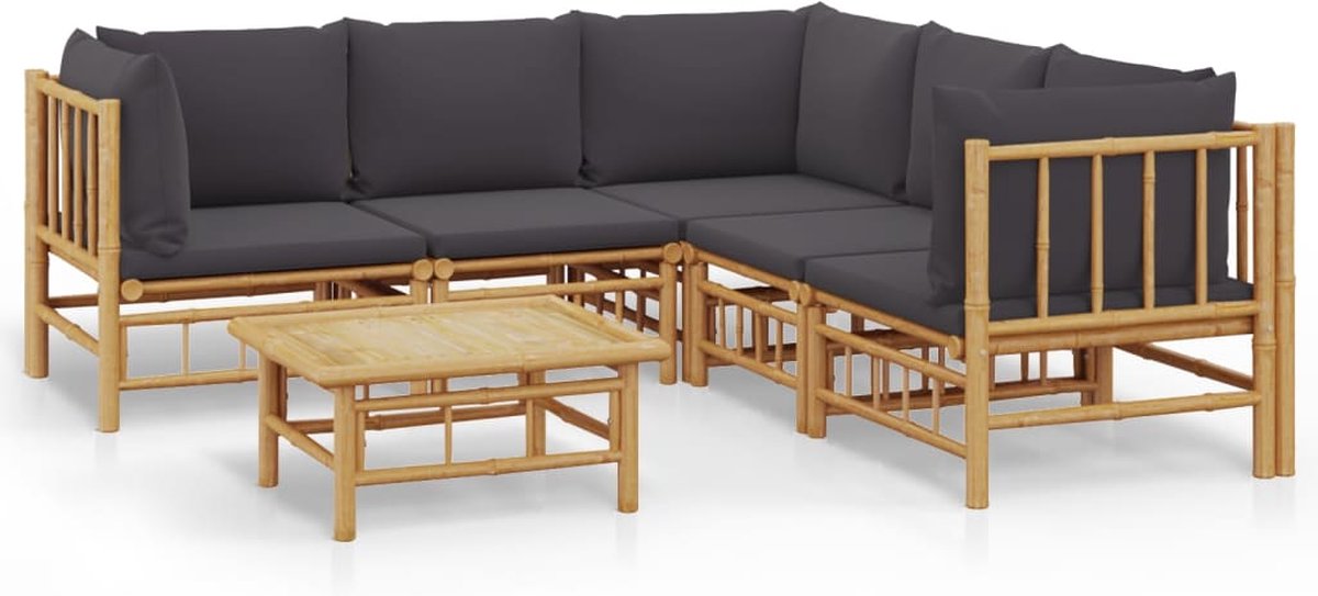 vidaXL 6-delige - Loungeset - met - kussens - bamboe - donkergrijs