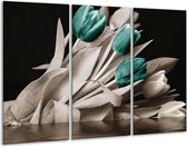 GroepArt - Schilderij -  Tulpen - Blauw, Wit, Zwart - 120x80cm 3Luik - 6000+ Schilderijen 0p Canvas Art Collectie