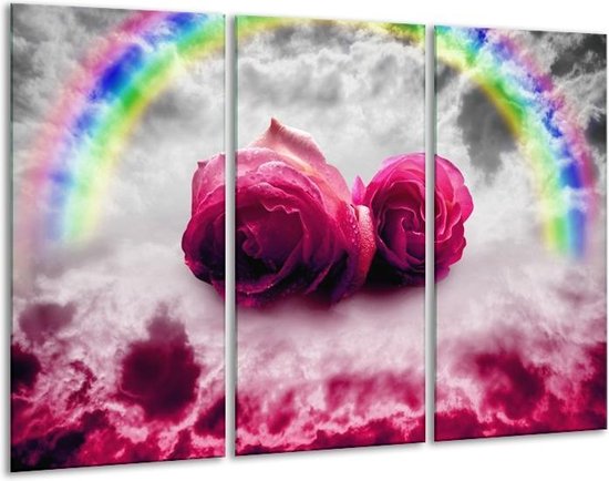 GroepArt - Schilderij -  Roos - Roze, Grijs - 120x80cm 3Luik - 6000+ Schilderijen 0p Canvas Art Collectie