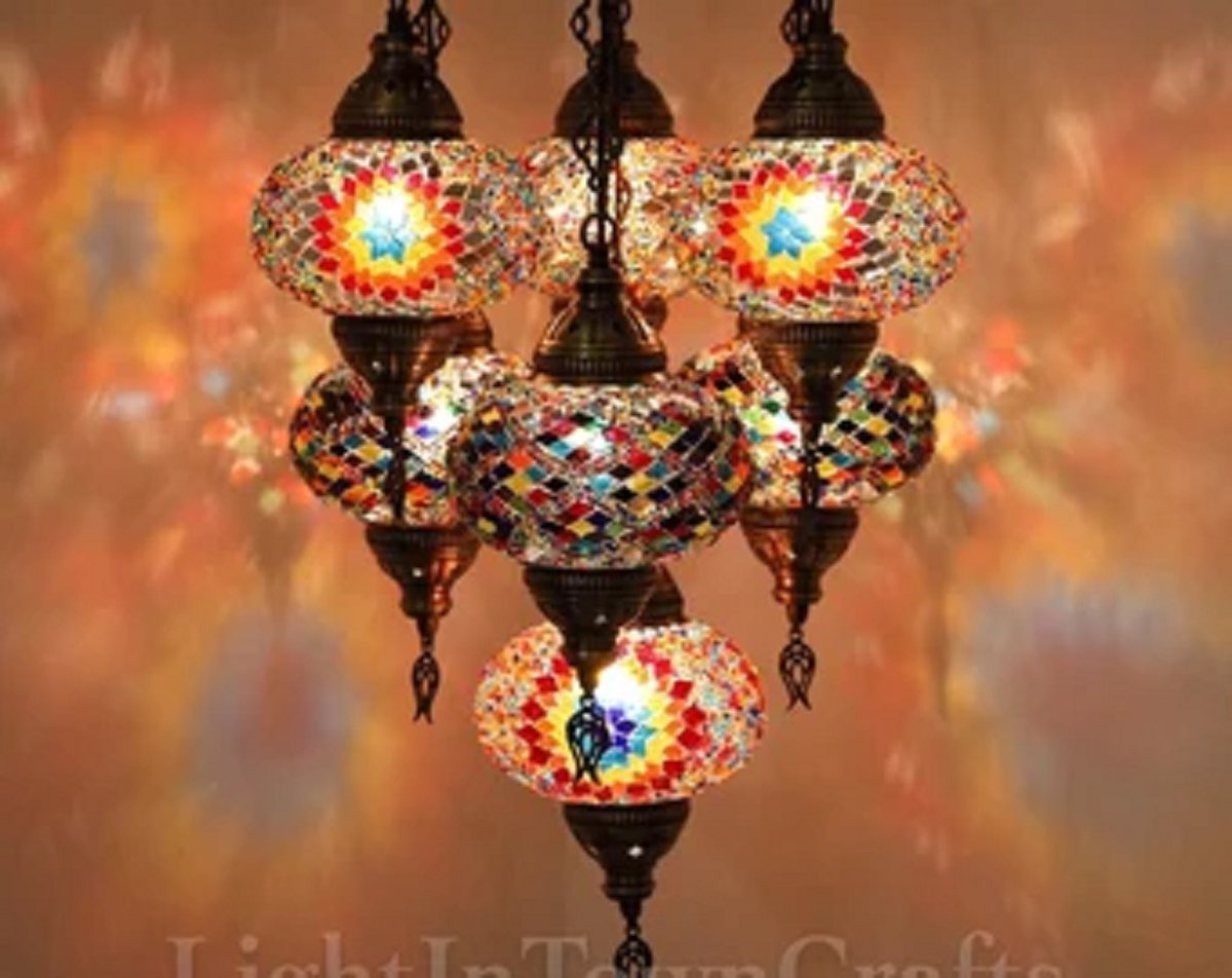7 globe Turkse hanglamp Oosterse kroonluchter mozaïek glas met rode tinten