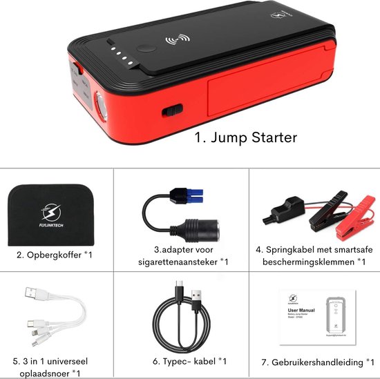 Jumpstarter Auto 16000 MAH - Powerbank - SOS Noodlamp - Startkabels - led  Zaklamp - 3