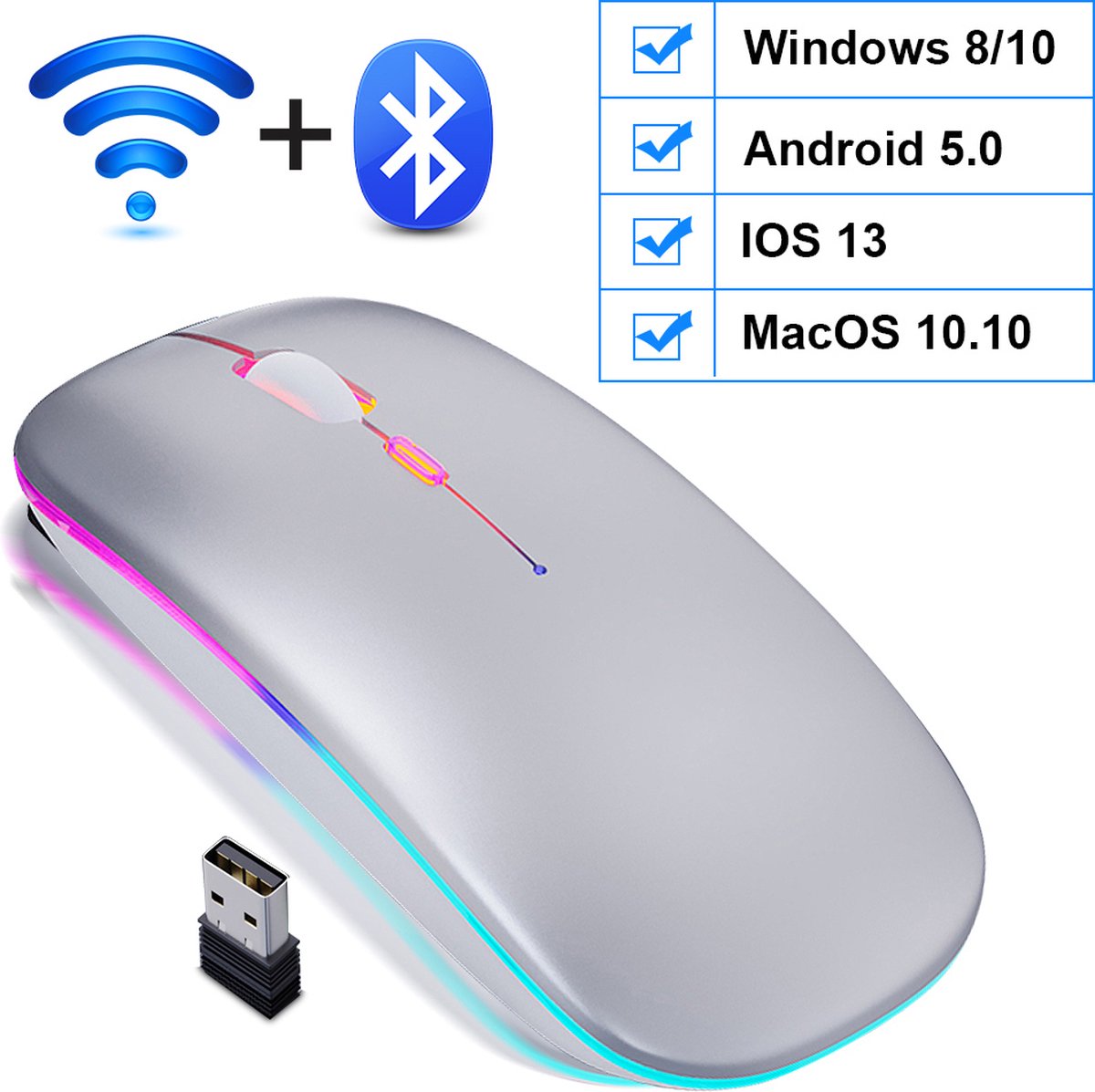 Draadloze Muis - Stil - RGB - Bluetooth - Zilver