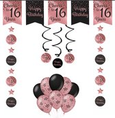 Verjaardag Versiering Pakket 16 Jaar - Zwart - Roze - 14 Stuks - Versiering - Decoratie - Sweet 16 - Feestpakket - Leeftijden - Slinger - Ballonnen - Hangdecoratie - Swirls
