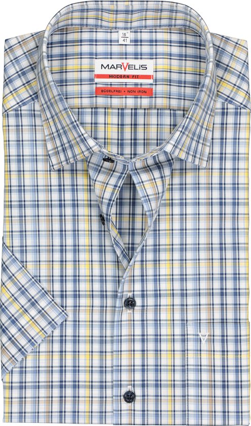 MARVELIS modern fit overhemd - korte mouw - popeline - wit met blauw en geel geruit - Strijkvrij - Boordmaat: 40