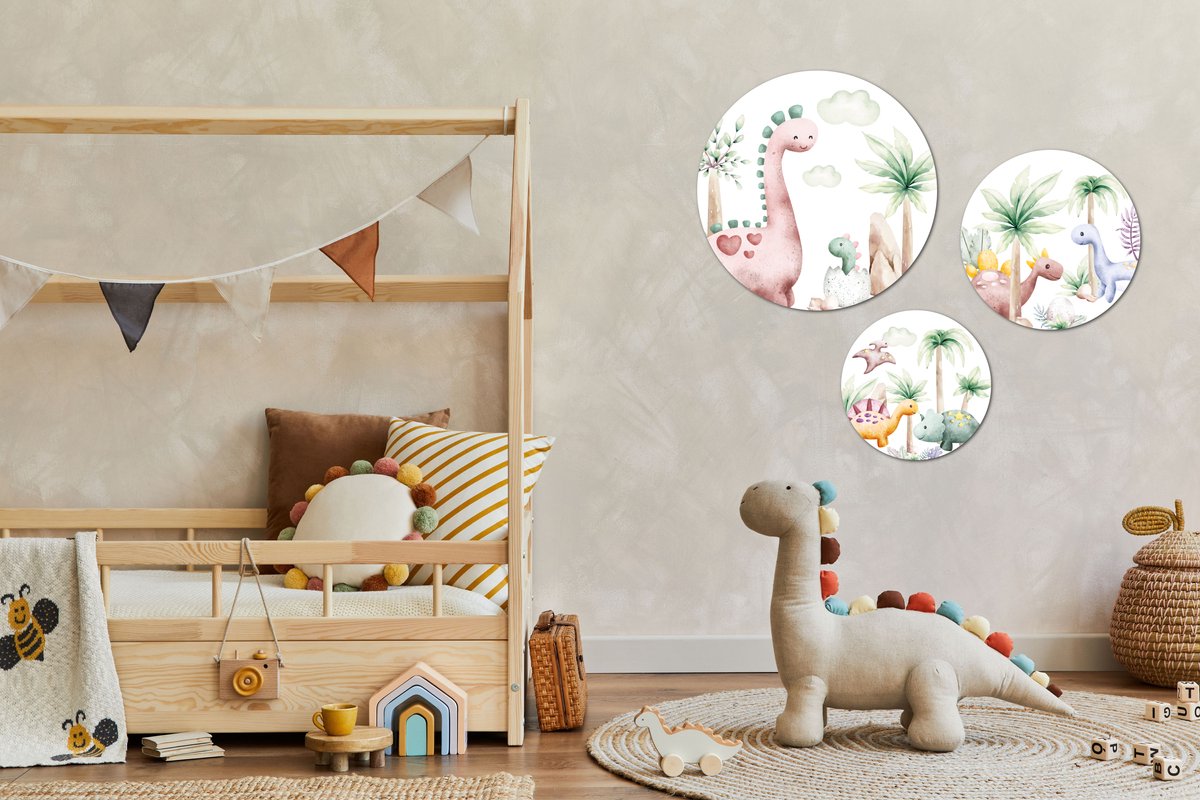 Muurcirkel / Wandcirkel dinosaurus thema middelgroot - set van 3 muurcirkels - Decoratie kinderkamer / babykamer jongens & meisjes