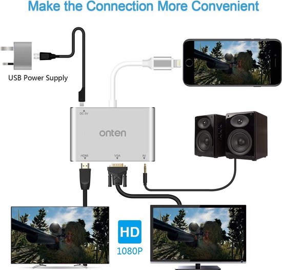 ONTEN Digitale AV Adapter Geschikt voor iPhone Lightning kabel naar HDMI + VGA bol