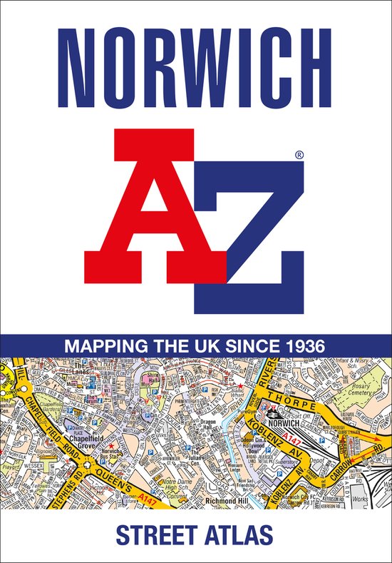 De kaft toont de titel 'NORWICH' in grote blauwe letters en een rood en blauw 'Az'-logo. Eronder staat 'MAPPING THE UK SINCE 1936' en een gedetailleerde kaart van Norwich.
