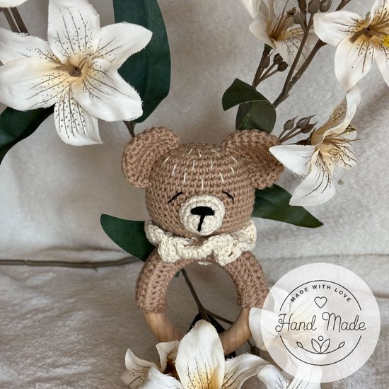 Baby Geboorte Set - Baby Speelgoed - New Born Set - Geschenk Set - Kraamcadeau - Babyshower - Gender Reveal Party - Bijtring - Handgemaakt - Natuurlijke Materialen - Speenkoord - Beer — afbeelding 3