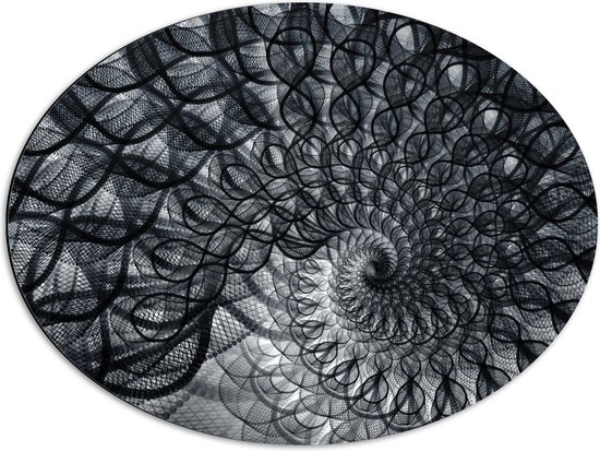 Dibond Ovaal - Cirkelvormig Patroon met Zwart, Wit en Grijs - 68x51 cm Foto op Ovaal (Met Ophangsysteem)