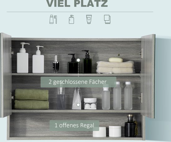 Kleankin spiegelkast, badkamerspiegelkast met 3 planken, dubbele deuren