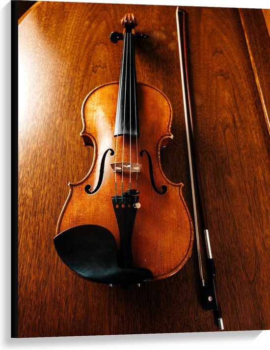 Canvas - Viool met Strijkstok op Houten Tafel - 75x100 cm Foto op Canvas Schilderij (Wanddecoratie op Canvas)
