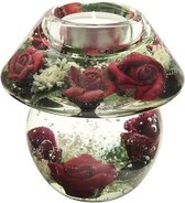 Handgemaakte waxinelichtje houder met bloemen warm rood - glas - rood - 11x11 cm - kaarshouder