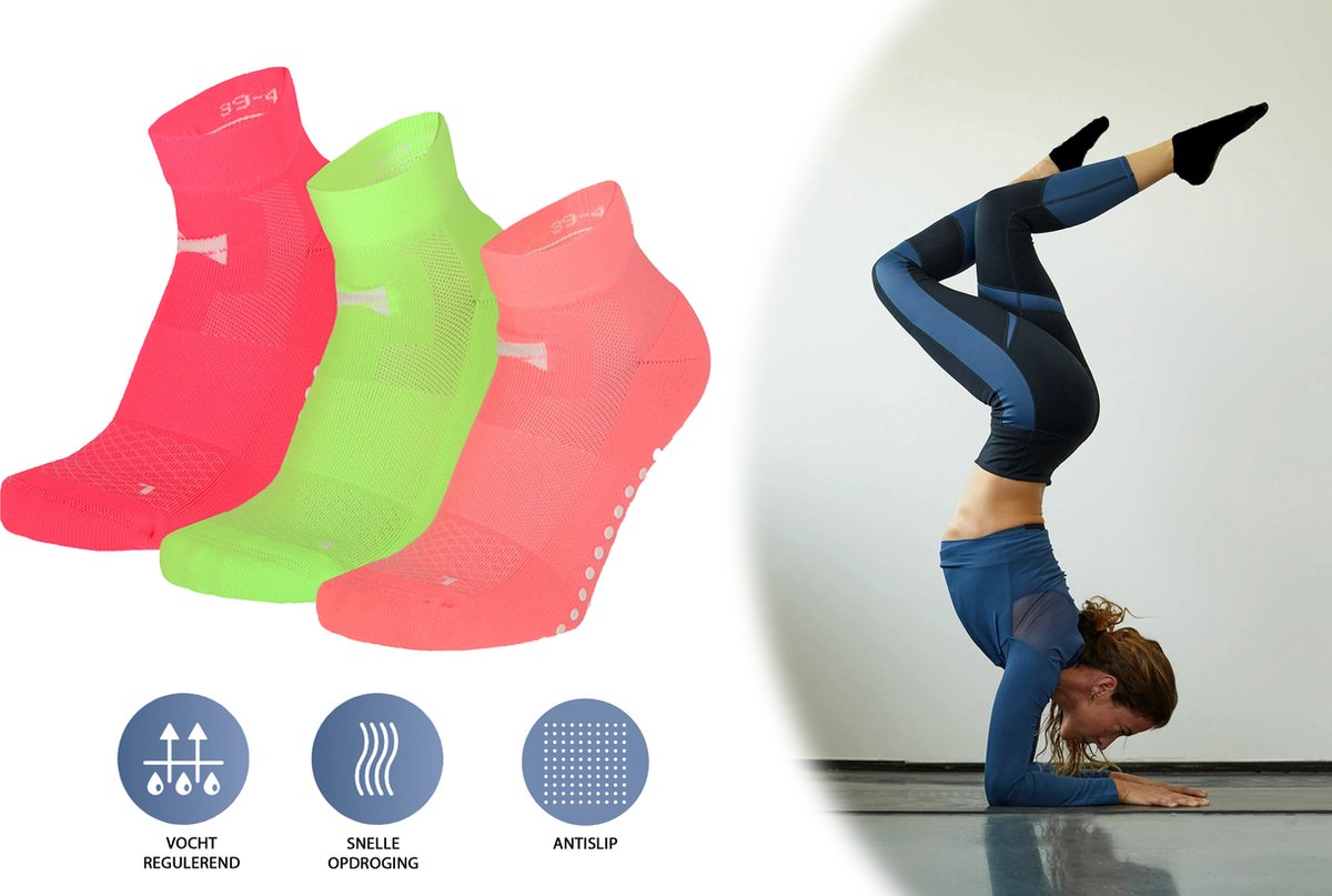 Comfort Essentials - Antislip Sokken Dames - Yoga Sokken Antislip Dames - 3 Paar - Neon Kleuren - Maat 35-38 - Huissokken - Pilates Sokken - Sportsokken Dames - Gripsokken Voetbal - Grip Socks